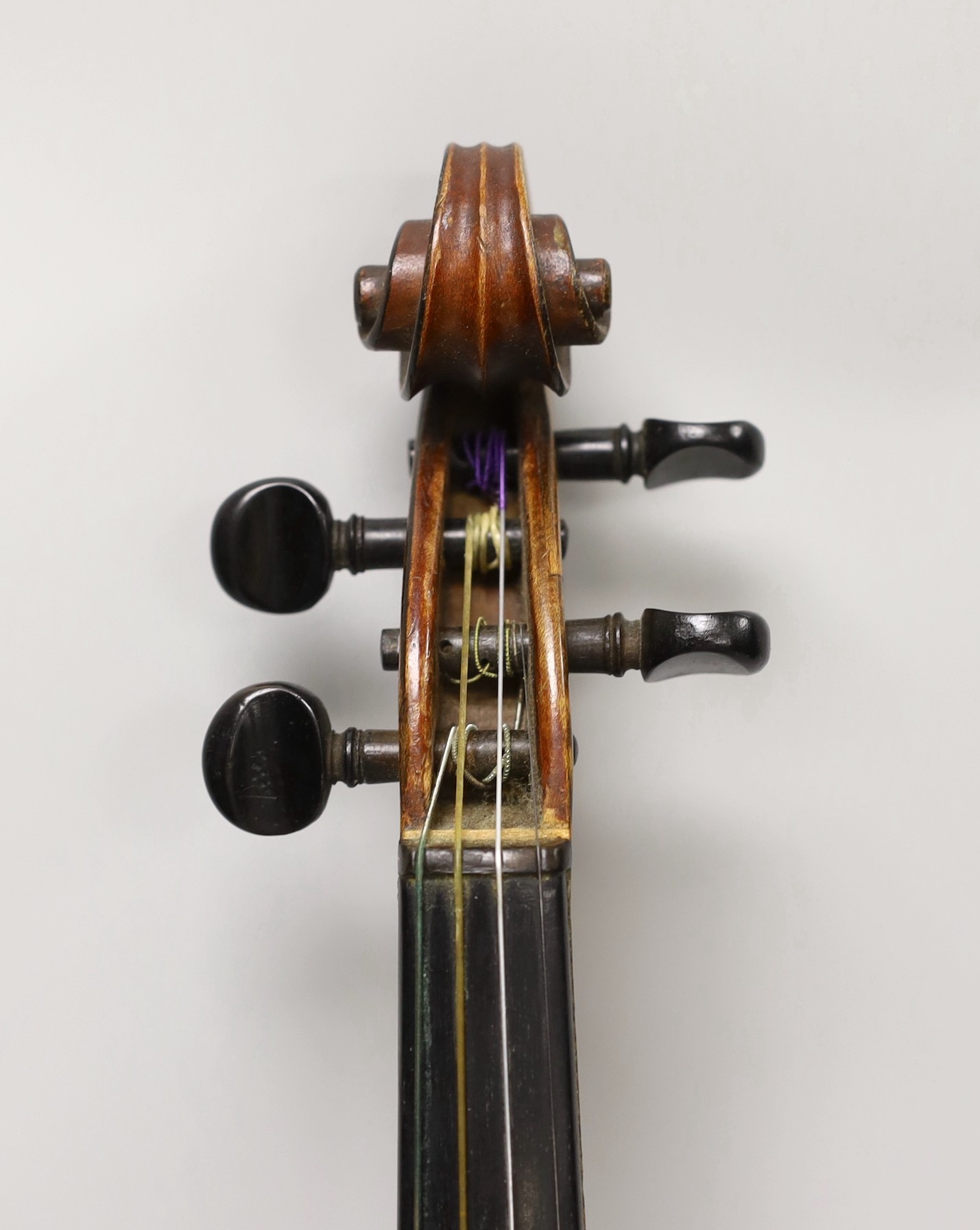 A cased French double backed violin, interior label reads ‘Copie de J.B. Vuillaume à Paris.’ Back measures 36cm excluding button